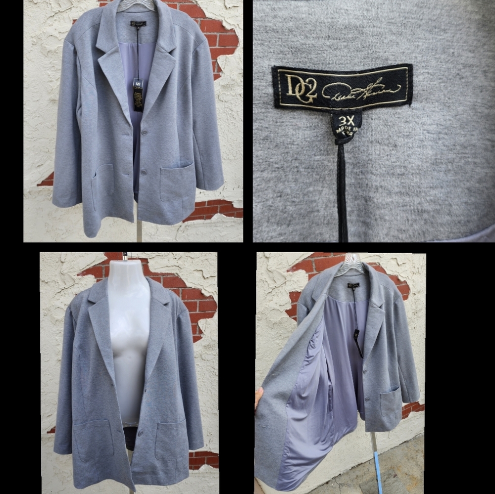 New 3X women DG2 Diane Gilman HSN grey stretch Ponte knit blazer jacket gray